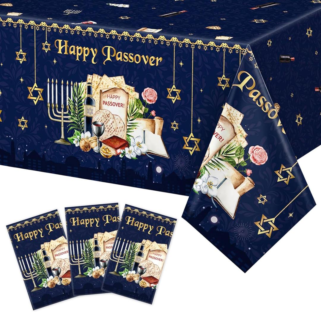 WovWeave 3 Pack Happy Passover Tablecloth Passover Seder Plastic Rectangle Table Cover Disposable for Pesach Festival Holiday Dining Kitchen Home Party Decorations, 54 x 108 Inch