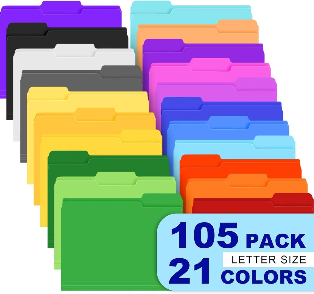 TUXIYA 105 Pack Colored File Folders,21 Colors File Folders Letter Size Manilla Folders 8.5 x 11,1/3 Cut Tab Filing Folders for Office School Business Documents Files Paper