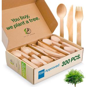 100% Compostable Cutlery Set - 300 Pieces Wooden Compostable Utensils [120 Forks, 90 Knives, 90 Spoons] - Disposable Wooden Cutlery, Eco Friendly Forks And Spoons Disposable Cutlery Set Party Utensils
