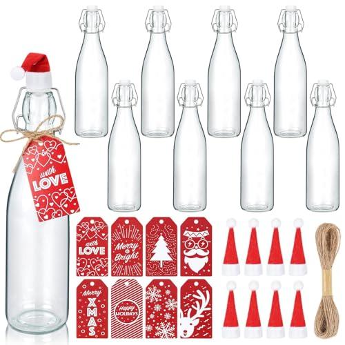 24 Pcs Coquito Bottles 17 Oz Christmas Swing Top Glass Bottles Christmas Flip Top Brewing Bottles with Santa Hat Xmas Stickers Cinnamon Twine Wine Airtight Caps for Winter Holiday Home Party Milk Eggn