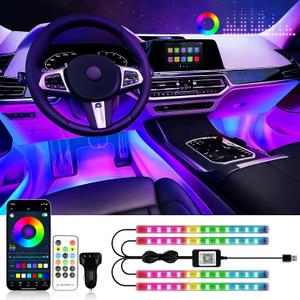 RGB Interior Car Strip Lights with Smart APP Control, Music Sync Under Dash Footwell Neon Internal Lighting Kit Multicolor,12V LED Strip Lights for Cars, Trucks, SUVs with Car Charger(1 Set) (48SMD(4 Lines Design))