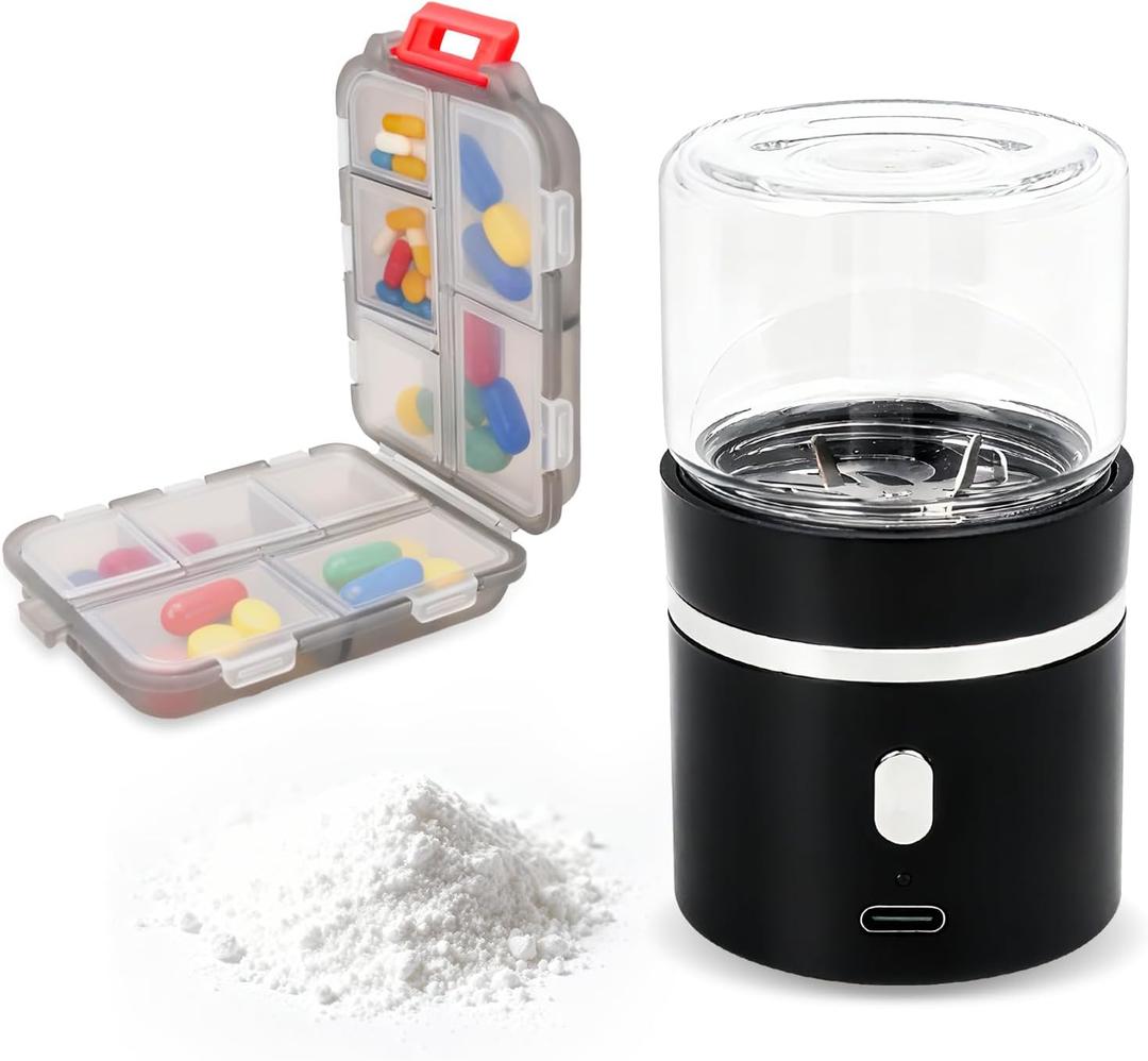 Vnsod Mini Electric Pill Crusher with Pill Organizer, Rechargeable & Washable, Grind and Pulverize Small and Large Pills to Fine Powder, Portable and Easy Operated, Suit for Dysphagia, Elderly, Pet