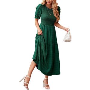 dowerme Womens Summer Dresses 2026 Casual Puff Short Sleeve Crewneck Smocked Flowy Ruffle Boho Beach Party Maxi Sundress, Medium