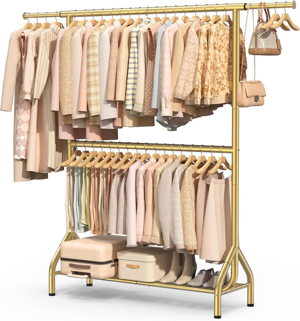 Double Rod Clothing Rack Load 622 LBS, Heavy Duty Clothes Rack for Hanging Clothes, 82.68 inch High Garment Rack with Storage Shelves, Metal Clothing Hanger Closet Wardrobe Organizer (Gold)