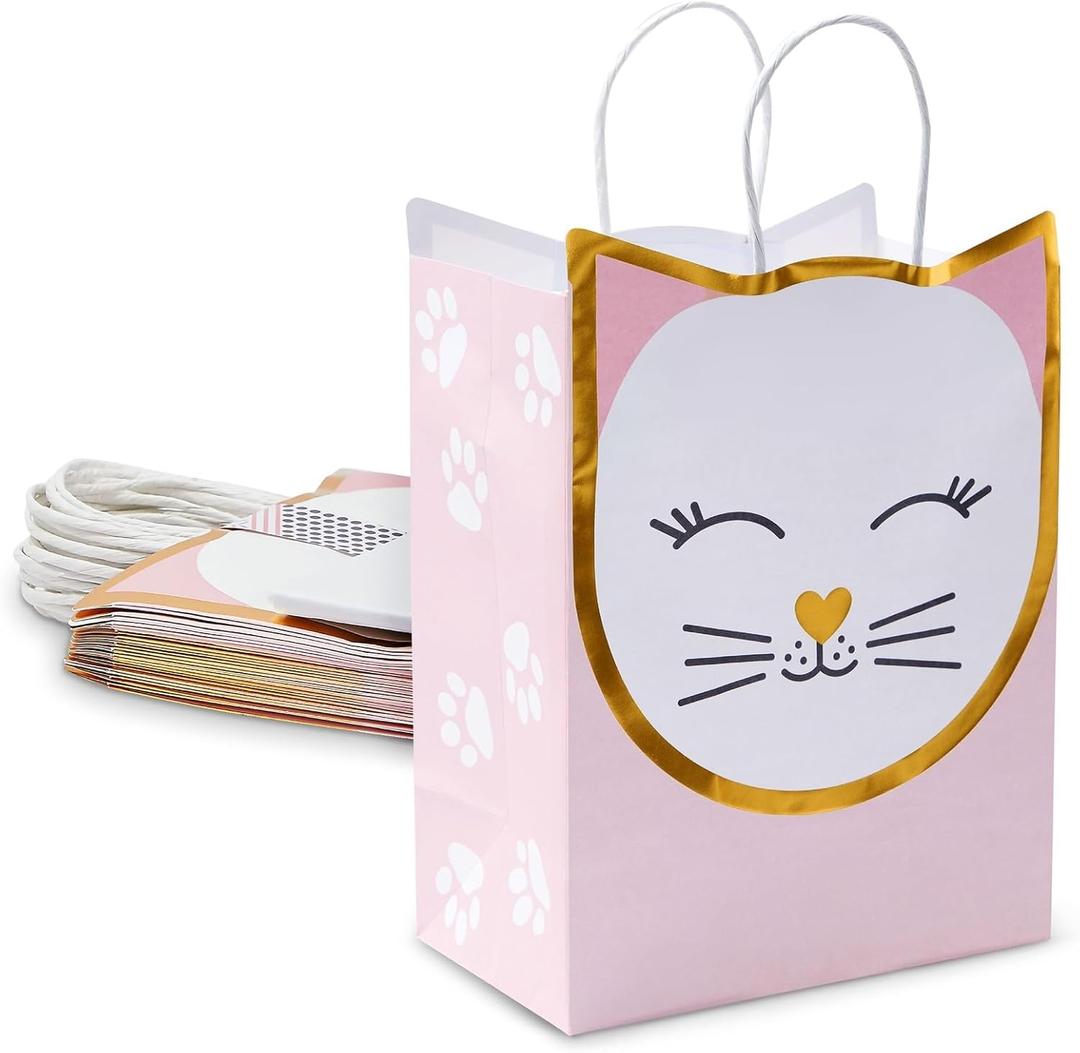 Sparkle and Bash 15 Pack Cat Gift Bags for Birthday Party Favors w/ 20 Sheets of Tissue Paper, 8 x 10 x 4.7 in (Pink, Gold)
