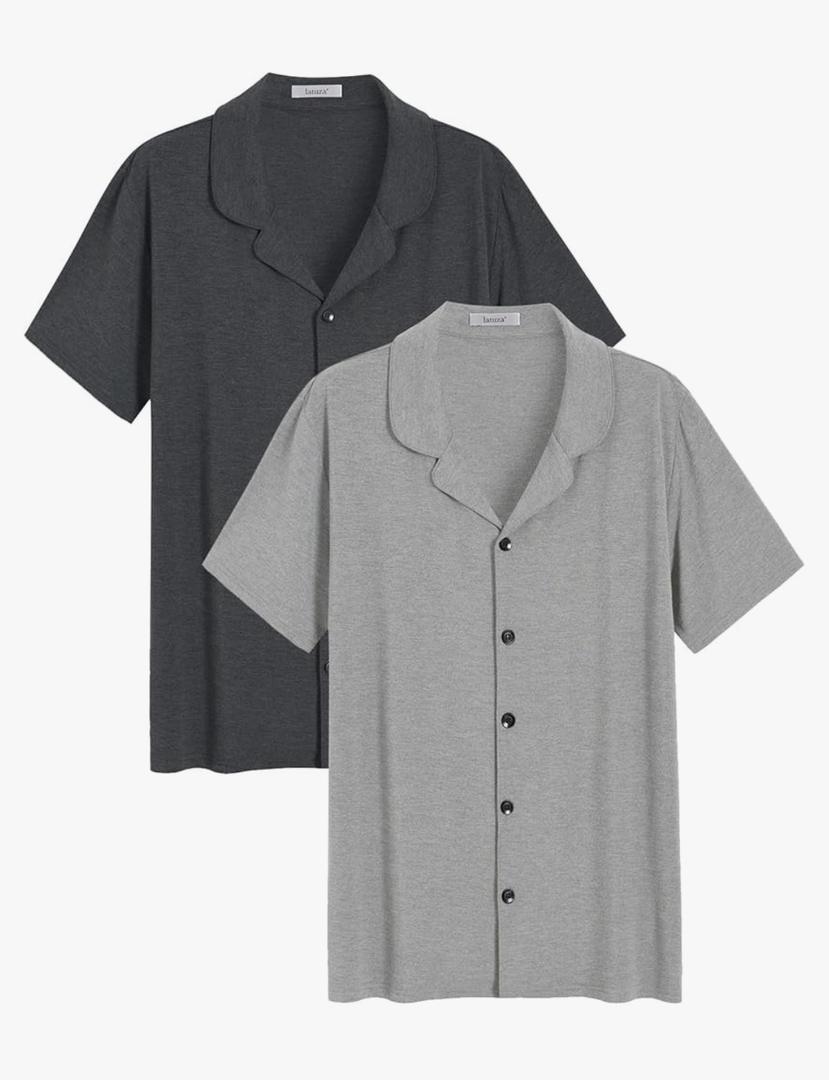 Latuza Men's Soft Button Down Pajama Shirt Black,Grey, 2 Pack, M