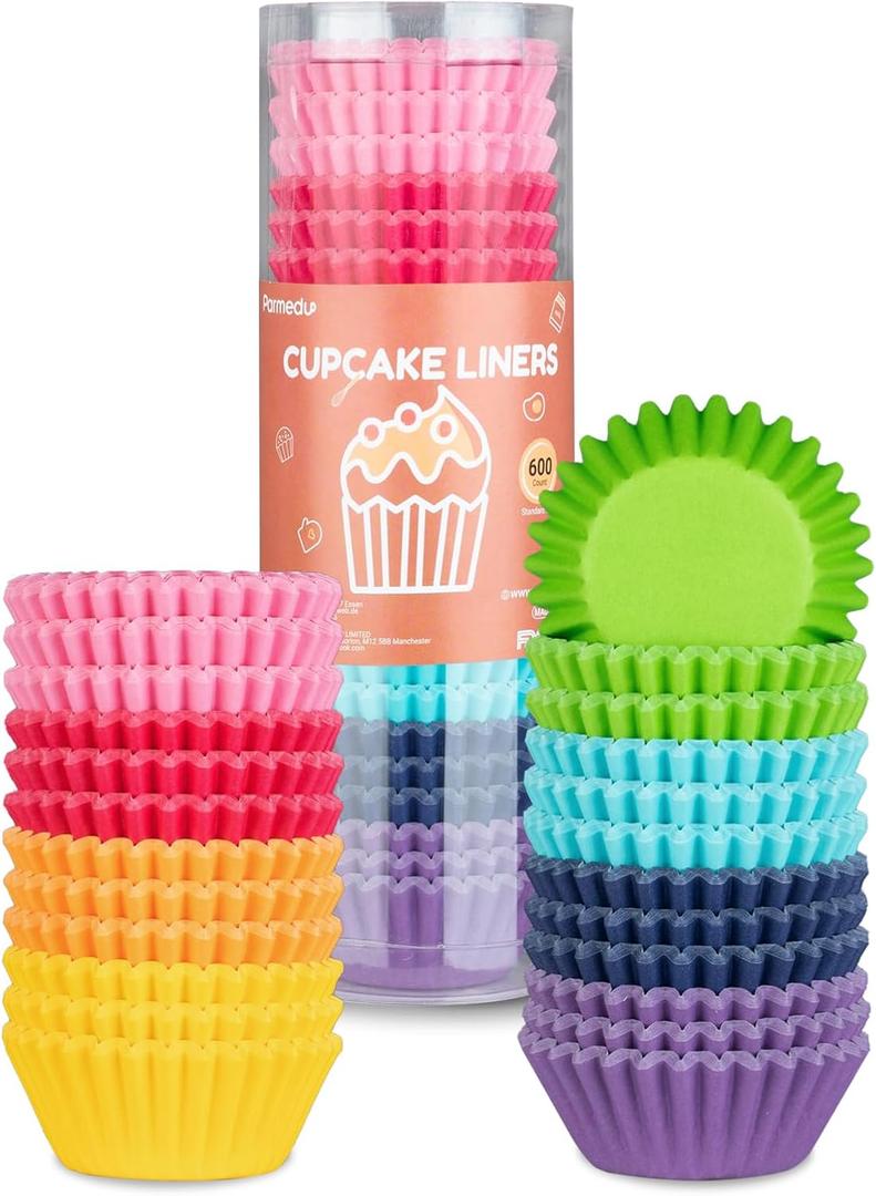 Parmedu 600pcs Paper Cupcake Liners: 1.25 Inches Mini Paper Muffin Liners, Thick & Sturdy, Oil Resistant - 8 Rainbow Colors Baking Paper Cups Cupcake Wrappers