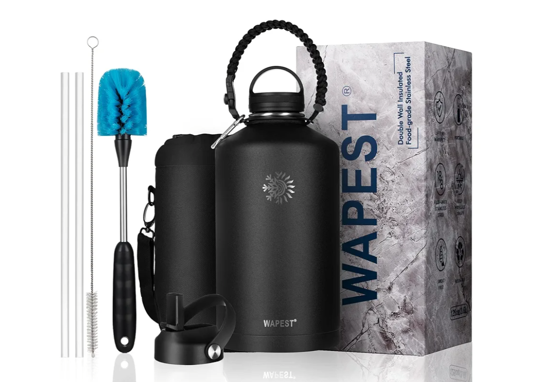 One Gallon Water Bottle - WAPEST 128 oz Large Water Jug Double Walled Vacuum Stainless Steel Insulated Water Bottle with Paracord Handle, Bottle Brush, Carrying Pouch & 2 Lids - Leakproof, Black