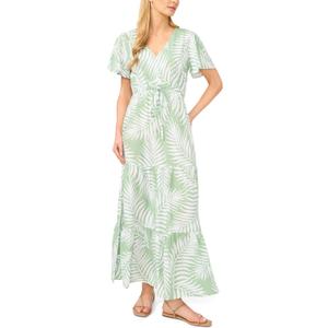 Vince Camuto Women's Leaf Print Tie Waist Cap Sleeve Tiered Maxi Dress XL
