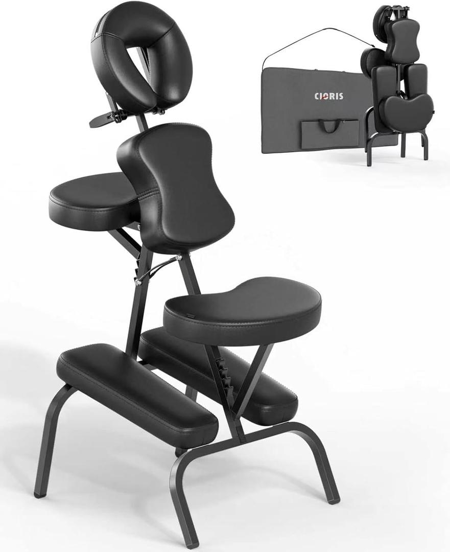 CLORIS Folding Massage Chair Adjustable Therapy Chair with Carry Case Black
Protable massage chair with face cradle, chest pad, seat cushion, knee pads & leg pads for spa, salon, tattoo & home use