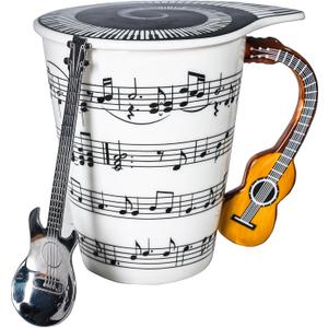 Guitar Novelty Mug Unique Musical Gift Coffee Cup with Cool Music Themed Lid & Guitar Handle Design & Guitar Spoon, Great Gifts for Music Teachers,&guitarLoversfor Holidays,Fathers Day,Men,Woman