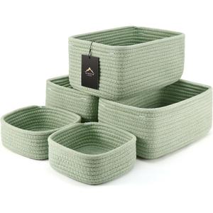 5-Pack Small Woven Rope Storage Baskets  2 Sizes Organizer Bins for Closet, Shelf, Bookshelf, Nursery, Changing Table, Fabric Cube Boxes, Rectangular Shallow Bins for Bathroom, Toy & Home (11.81*7.48*4.72'' & 5.91*5.91*2.56'', Green)