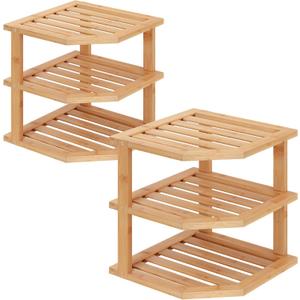 VERTORGAN 3 Tier Bamboo Corner Shelf(2 Pack),Plate Organizer,Dish Drying Rack,Kitchen Spice Rack for Countertop and Cabinet