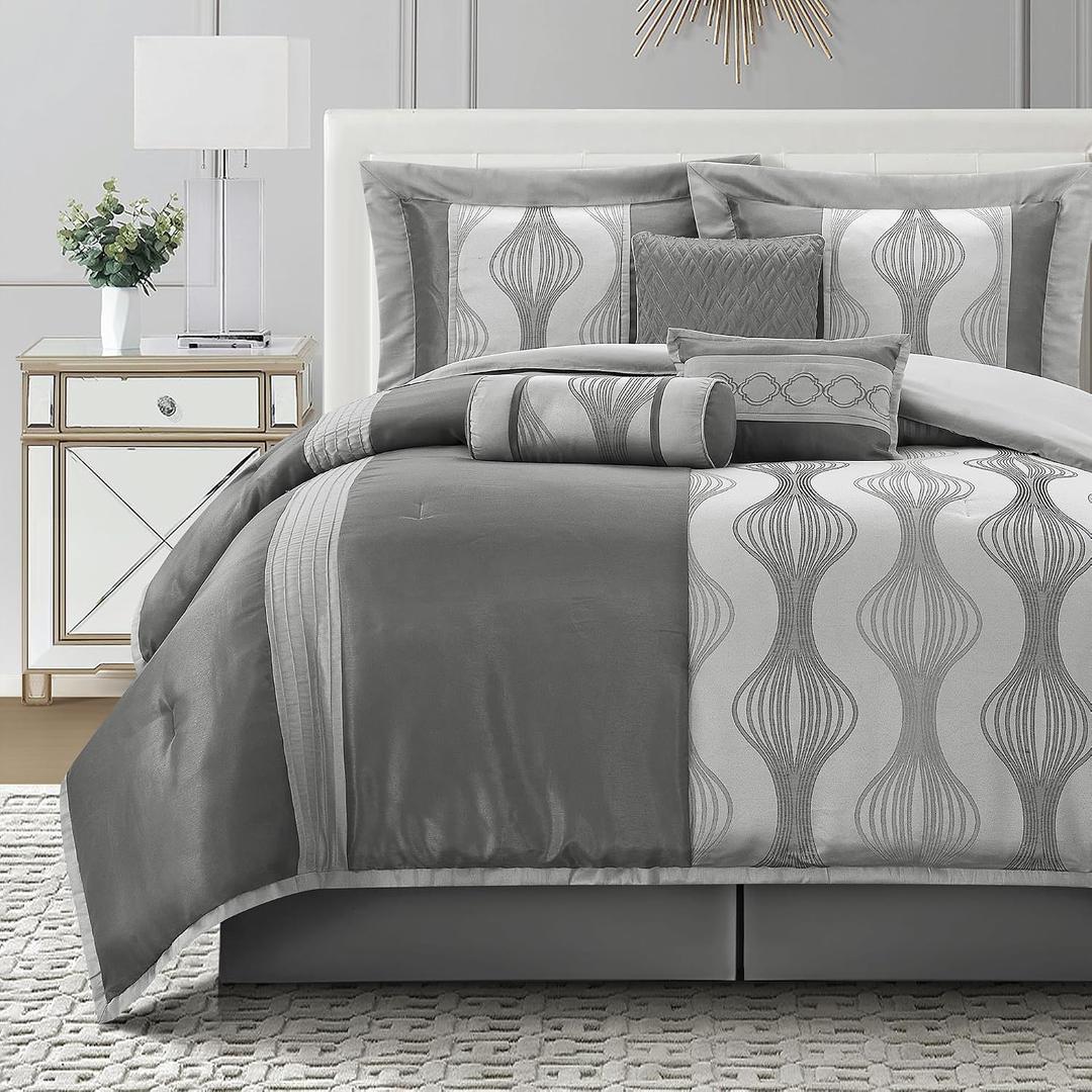 California King Comforter Set, Grey, 7 Pieces in a Bag, Ultra Soft Jacquard with Solid Piecework, Luxury Bed Set with Comforters, Bed Skirt, Pillow Shams and Decorative Pillows