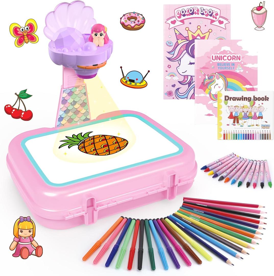 Hoarosall Drawing Projector for Kids, Arts and Crafts,Drawing Board Tracing Pad, Color Pens, Pencils, Crayons, Scrapbook, Ideal Toy for 3+ Year Old Girls (Mermaid Kit with Box)
