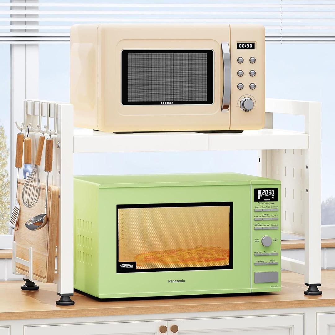 Expandable Microwave Stand, 2-Tier Adjustable Microwave Oven Rack with 10 Hooks & 2 Holders, Heavy Duty Carbon Steel Microwave Shelf for Kitchen Counter Organizer and Storage, Holds 120lbs, White