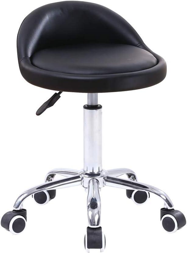 KKTONER PU Leather Round Rolling Stool with Back Rest Height Adjustable Swivel Drafting Work SPA Task Chair with Wheels, Black