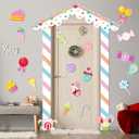 Epakh 21 Pcs Christmas Candy House Door Cover Large Christmas Door Decorations Candy Porch Banner with Lollipop Cutouts Porch Sign Backdrop for Wall Window Decor