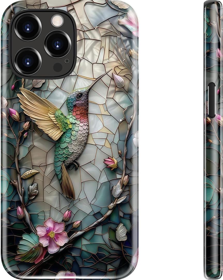 DEENAKIN for iPhone 14 Pro Max Case - Wireless Charging Compatible - Dual-Layer Hard Shell & Silicone Cover - Protective Phone Case with Trendy Cute Designs for Women - Hummingbird Floral