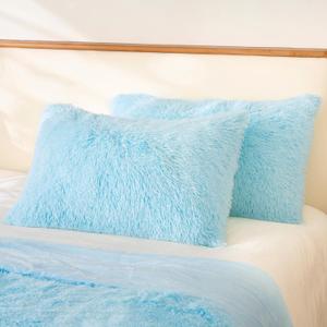 Faux Fur Fluffy Fuzzy Plush Blue Pillow Case Set of 2, Soft Decorative Pillow Covers for Bed, Bedroom, Living Room, Zipper Closure, Standard Size (20"x26", Blue)