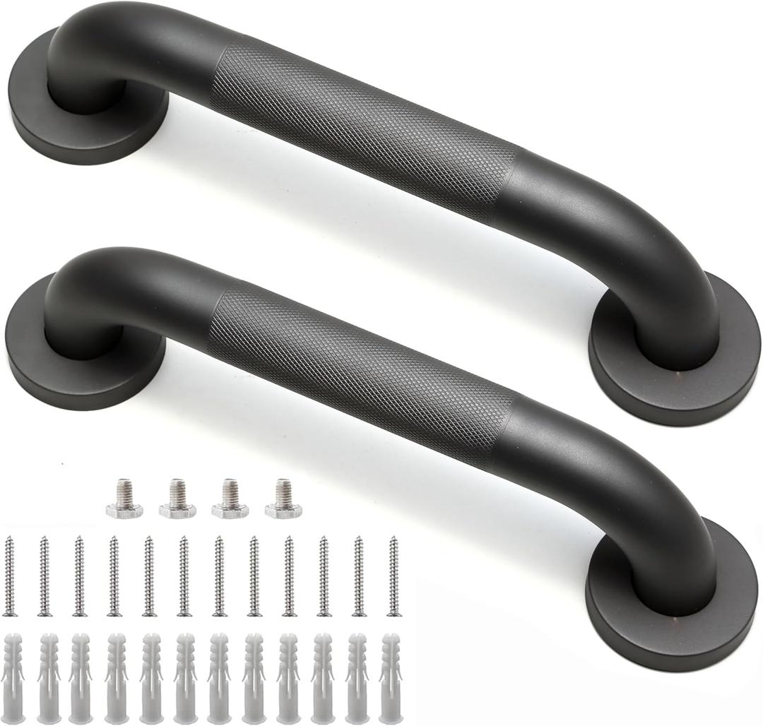Rackickyer Shower Grab Bar, 2 Pack 12 Inch Gray Bathroom Grab Bar, 1.25" Diameter 304 Stainless Steel AntiSlip Grab Bars for Bathtubs and Showers, Handicap Shower Grab Bar for Seniors Elderly
