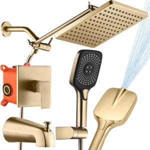 Shower Faucet Set with Tub Spout Brushed Gold 10 Inch Rainfall Shower 4 Setting Spray Mixer Shower System Modern Luxury Wall Mounted Tub Shower Faucet Set Rough-in Valve Body (Brushed Gold)