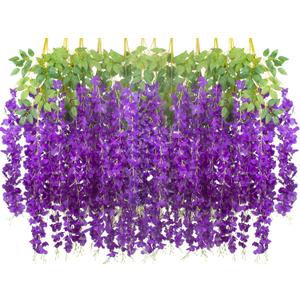 24 Pack Artificial Fake Wisteria Vine Ratta (3.75 Feet) Hanging Garland Silk Flowers String Home Party Wedding Decor (Blue)