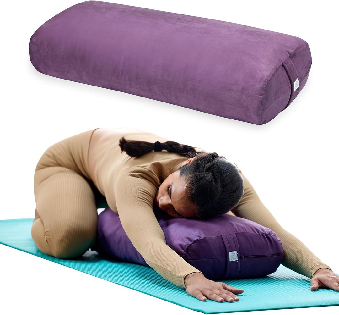 Gaiam Round Yoga Bolster Pillow, Soft Meditation Cushion for Yoga, Massage and Back Support, Breathable Cotton Fill, Zippered Microfiber Cover, Easy-Carry Handle, Machine Washable (Purple)