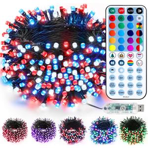 Brizled Color Changing Christmas Lights, 33ft 100 LED RGB Red White Blue Light String with Remote, Dimmable Mini Light String, USB Indoor Decorative Lighting Party Xmas Tree Wreath Year-Round Holiday
