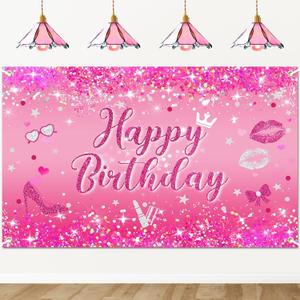 Avezano Hot Pink Happy Birthday Banner Glitter Hot Pink Birthday Party Decorations Pink Happy Birthday Sign Decoration Banner for Women Girl 70.8 x 43.3 Inch