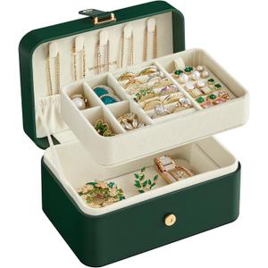 SONGMICS Jewelry Box, Travel Jewelry Case, 2-Layer Jewelry Holder Organizer, Portable Versatile Earring Storage, for Larger Accessories, Forest Green, Size: 4.6"D x 6.3"W x 3"H
