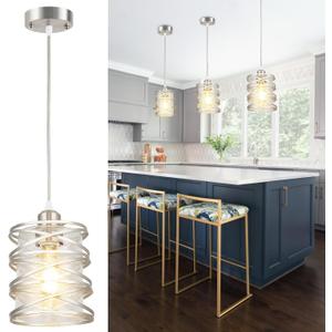 Brushed Nickel Pendant Light for Kitchen Island, Spiral Iron Pendant Light Fixtures with Seeded Glass Shade, Adjustable Height Hanging Pendant Lighting for Dining Room Hallway Kitchen Foyer