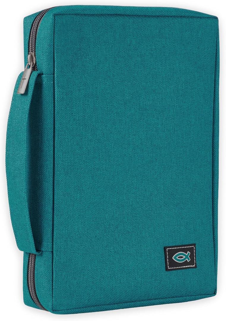 Christian Art Gifts Men/Women's Bible Cover Jesus Fish, Teal Canvas, Medium