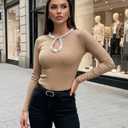 Women Long Sleeve Shirt Going Out Top Rhinestone Sequin Keyhole Neck Knit Ribbed Slim Casual T-Shirt (Beige, M)
