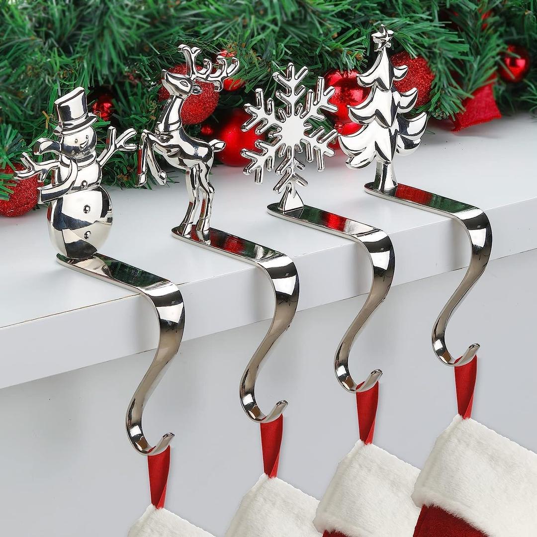 Christmas Stocking Holders for Mantle - Set of 4 Silver Hangers for Fireplace Mantel - Hooks for Christmas Stockings