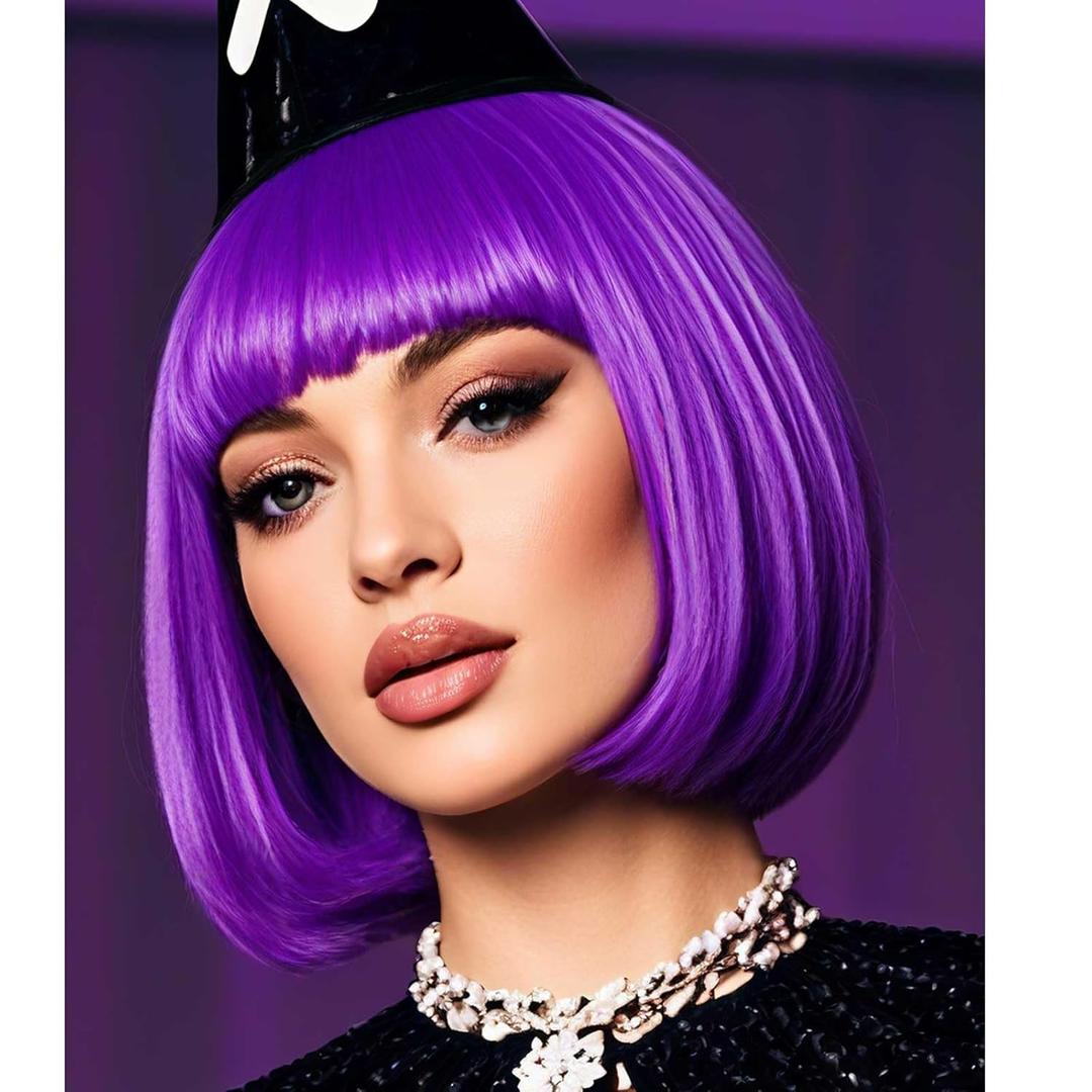Dark Purple Bob Wig With Bangs 12 Inch Short Synthetic Fiber Bob Wigs for Women Short Bob Wigs and Halloween Cosplay Wig for Daily Life Colorful Wigs With One Cap (Dark Purple)