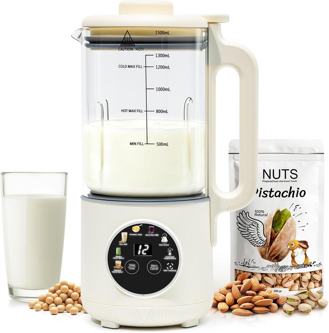 8-in-1 Nut Milk Maker Machine, 50oz Glass Soy Almond Oat Milk Maker with 20 Blades, Delay Timer, Constant Temperature, Self-Cleaning, Overheat Protection, Recipe Included