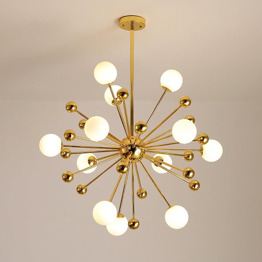 Modern Globe Chandelier 12-Lights Flush Mount Pendant Lighting with Gold Metal, White Glass Ball, Adjustable Height for Dining Room, Living Room, Bedroom (12-Lights)