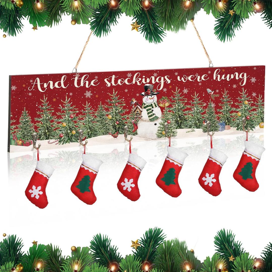 Cinnvoice Christmas Stocking Hanger Christmas Wall Stocking Holders for Wall with 6 Hangers Wood The Stockings were Hung Sign for Mantle, 24.6 Inch