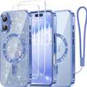 Meifigno Designed for iPhone 17 Case 6.3", [Glitter Card & Wrist Strap] [Compatible with MagSafe] [2X HD Screen Protectors] Surround Raised Lens Protection for iPhone 17 Case 6.3 Inch, Mist Blue