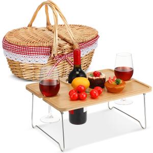 Picnic Basket with Foldable Wine Table Kit, Handmade Wicker Basket with Lid Handle Portable Bamboo Tray Table for 2 Outdoor Camping Picnic Wine Set Gift for Couples (Red and White)