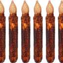 Lpraer 6Pack Real Wax Pillar Taper Candle Primitive Drip Candles Flameless Flickering LED Lights Dipped Battery Operated Halloween Decoration Set Party Festival Church Decor, Brown