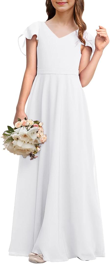 Kids Junior Bridesmaid Dresses Chiffon Flower Girl Dress for Teen Girl Long Party Pageant Gowns (13-14 Years, White)
