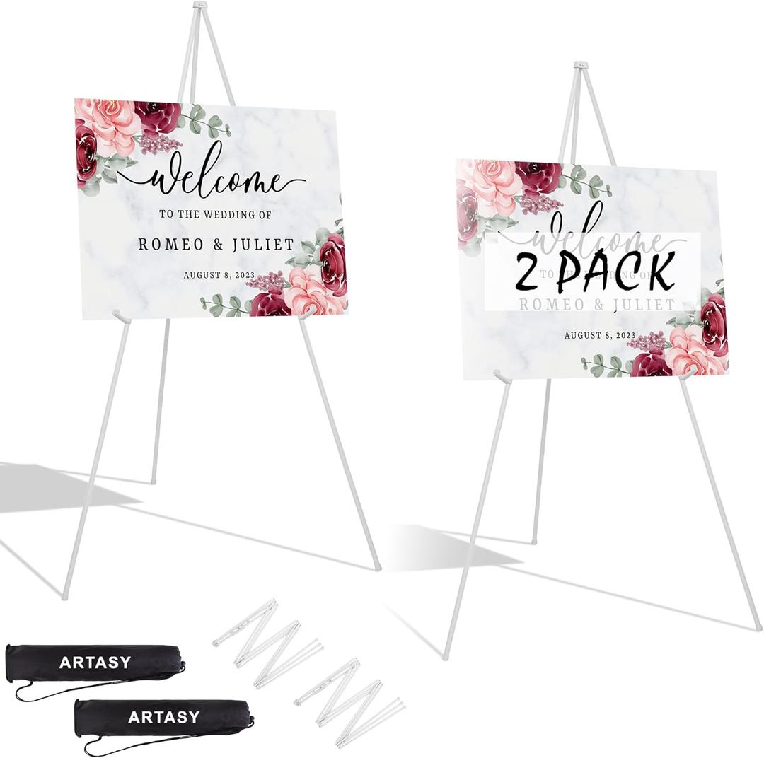 ARTASY 63" Easel Stand for Wedding Signs, Posters, Portable Artist Easel for Painting Canvas, Tripod for Home and Office, Supports 5 lbs-White 2/Pack