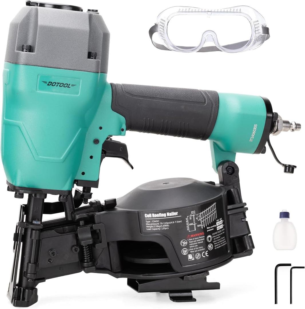 DOTOOL Roofing Nailer CN45C 15 Degree 3/4-Inch to 1-3/4-Inch Roofing Nail Gun Pneumatic Coil Nailer 120 pcs Load Capacity