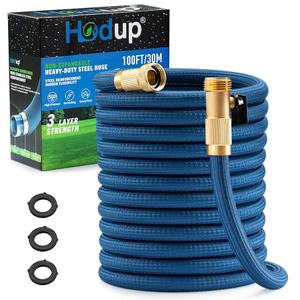 Garden Hose 100 FT, Premium Metal Stainless Steel Heavy Duty Kink-free Flexible Water Hose with Sturdy Lasting Fabric Skin and Solid Brass Fitting for Yard Watering and Car Washing (Blue, 100 ft)
