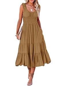 AlvaQ Dress for Women 2024 Summer Casual Loose Crewneck Solid Color Long Dresses Aline Sundress Fashion 2024 Light Brown Large