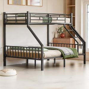 Twin XL Over Queen Bunk Bed for Adults, Heavy Duty Metal Bunk Beds with Safety Guardrails & EVA Padded Ladder, Twin XL Over Queen Bunk Beds Frame with Noise-Free Slats, Space-Saving(Black)