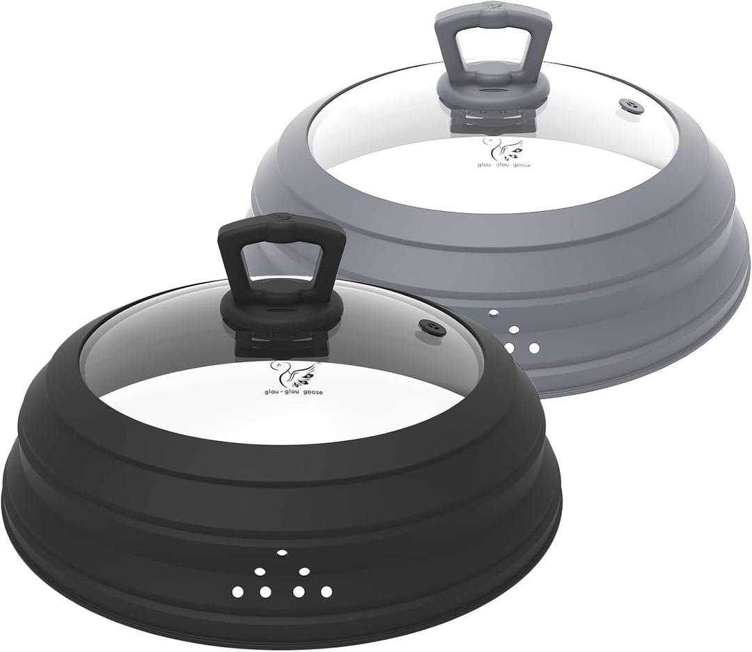 Microwave Splatter Cover Vented Glass Splatter Guard Lid with Collapsible Silicone for Food as Pot Covers 11.8 inch Large 2 Pack (BLACK&GREY 2SET)