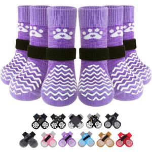 PUPTECK Non-Slip Dog Socks, Double Sides Grips Dog Boots & Paw Protectors for Hardwood Floors Prevents Licking Paws, Adjustable Dog Shoes for SeniorDogs (Small (6 Count), Purple)